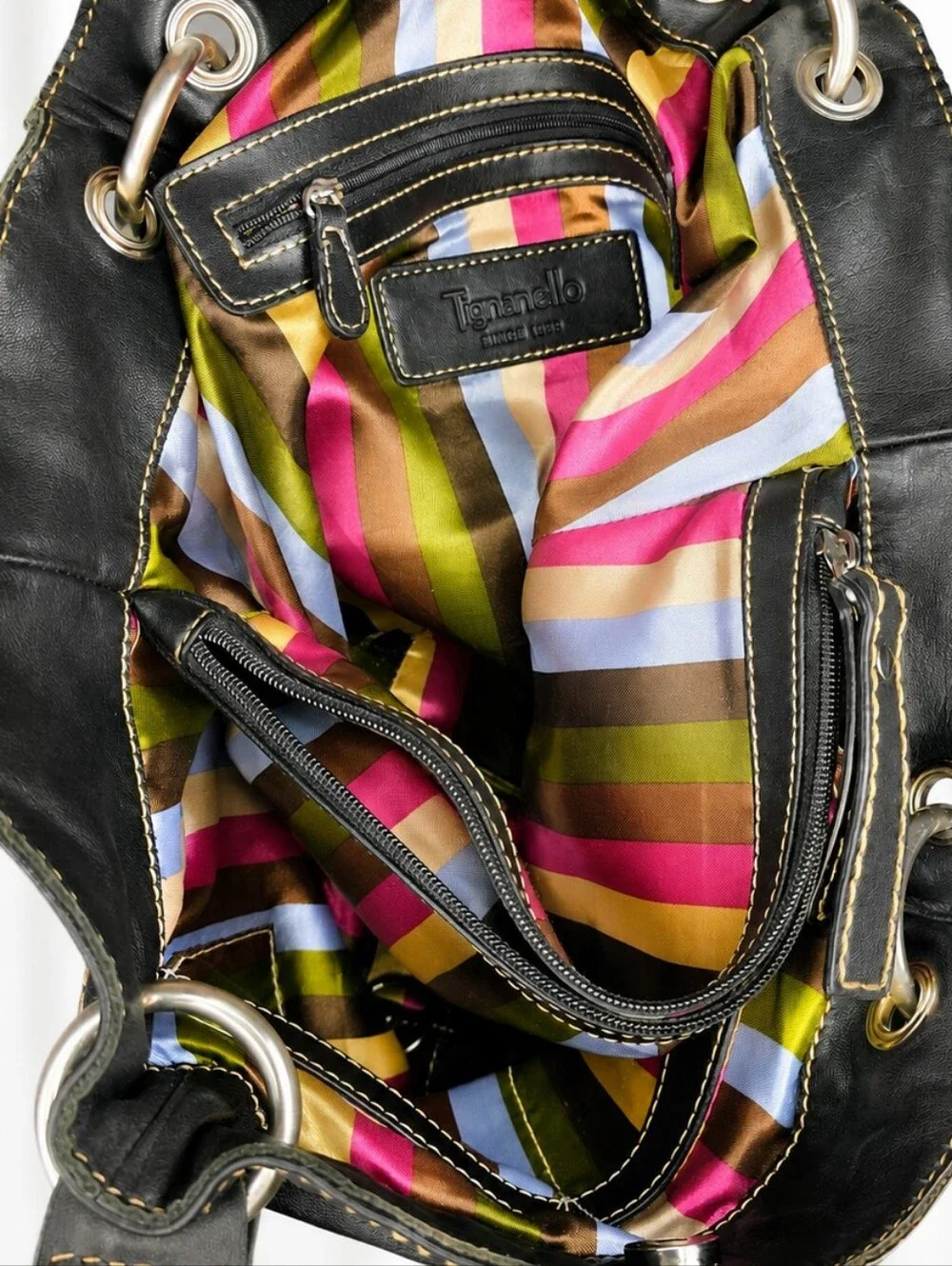 👜 Tignanello Black Leather Tote Shoulder Contrast Stitch Striped Lining Large